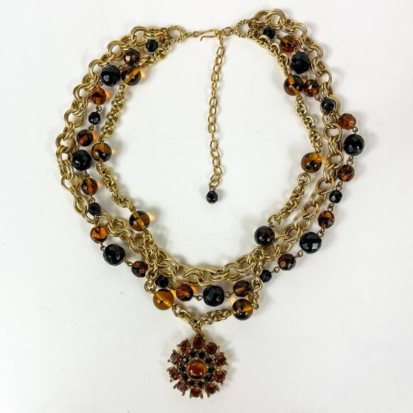 Graziano 3 strand Amber Tortoise Shell Beaded Necklace Rhinestone Pendant - Picture 2 of 6